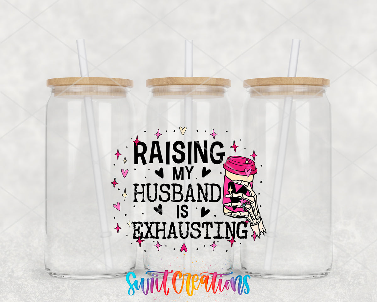 Raising My Husband Is Exhausting clear glass tumbler group mockup with bamboo lids and straws