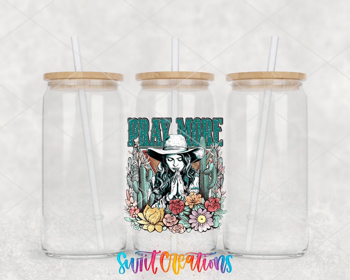 Pray More clear glass tumbler group mockup with bamboo lids and straws