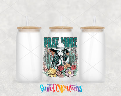 Pray More frosted glass tumbler group view with lids and straws