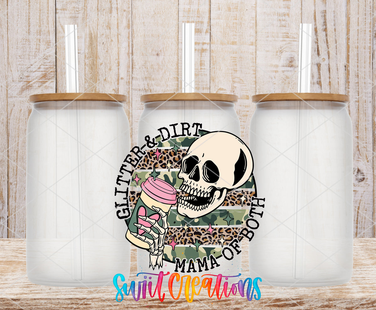 Glitter and Dirt Mama of Both frosted glass tumbler mockup with bamboo lids and straws
