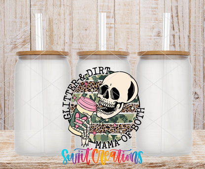 Glitter and Dirt Mama of Both frosted glass tumbler mockup with bamboo lids and straws