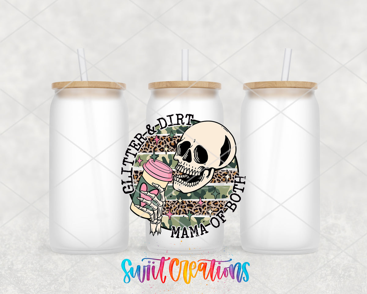 Glitter and Dirt Mama of Both frosted glass tumbler group view with lids and straws