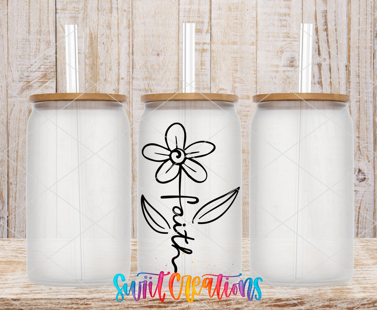 Faith Flower frosted glass tumbler mockup with bamboo lids and straws