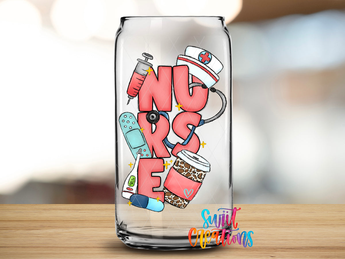 Nurse design close-up on a clear glass can tumbler