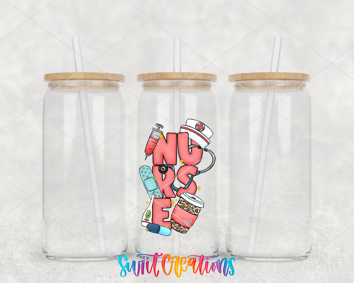 Nurse clear glass tumbler group mockup with bamboo lids and straws