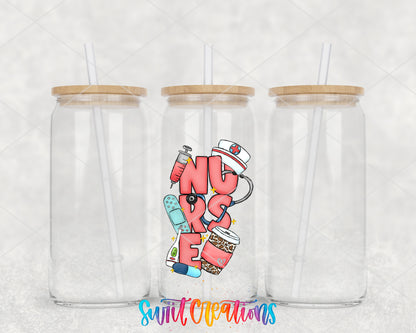 Nurse clear glass tumbler group mockup with bamboo lids and straws