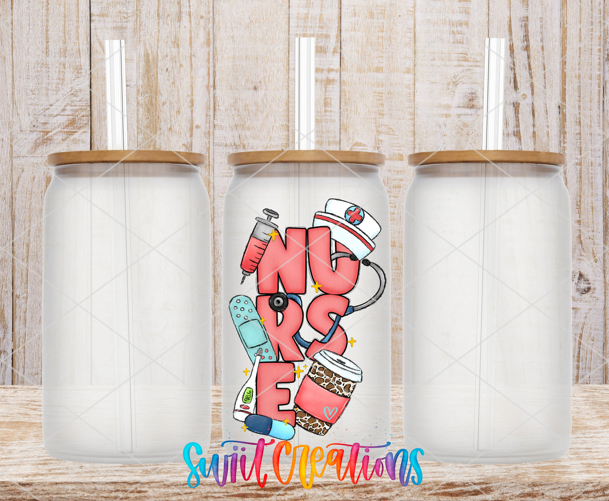 Nurse frosted glass tumbler mockup with bamboo lids and straws