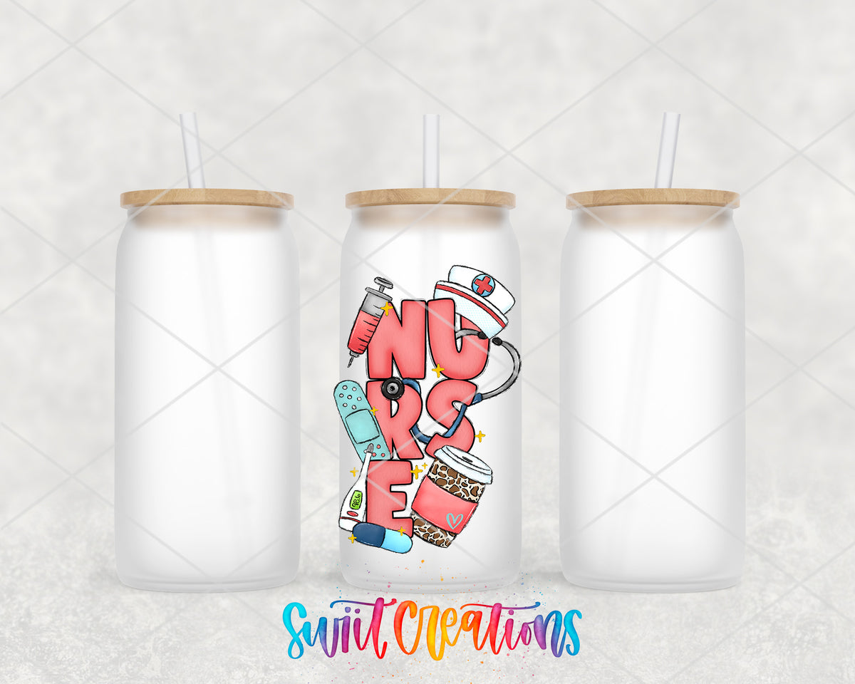 Nurse frosted glass tumbler group view with lids and straws