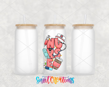 Nurse frosted glass tumbler group view with lids and straws