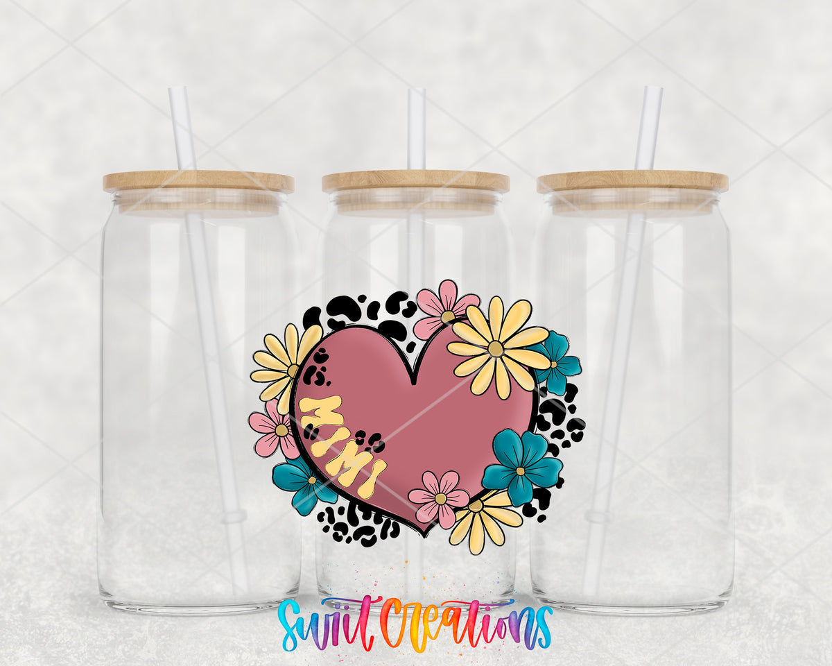 Mimi Floral Heart clear glass tumbler group mockup with bamboo lids and straws