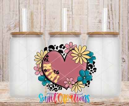 Mimi Floral Heart frosted glass tumbler mockup with bamboo lids and straws