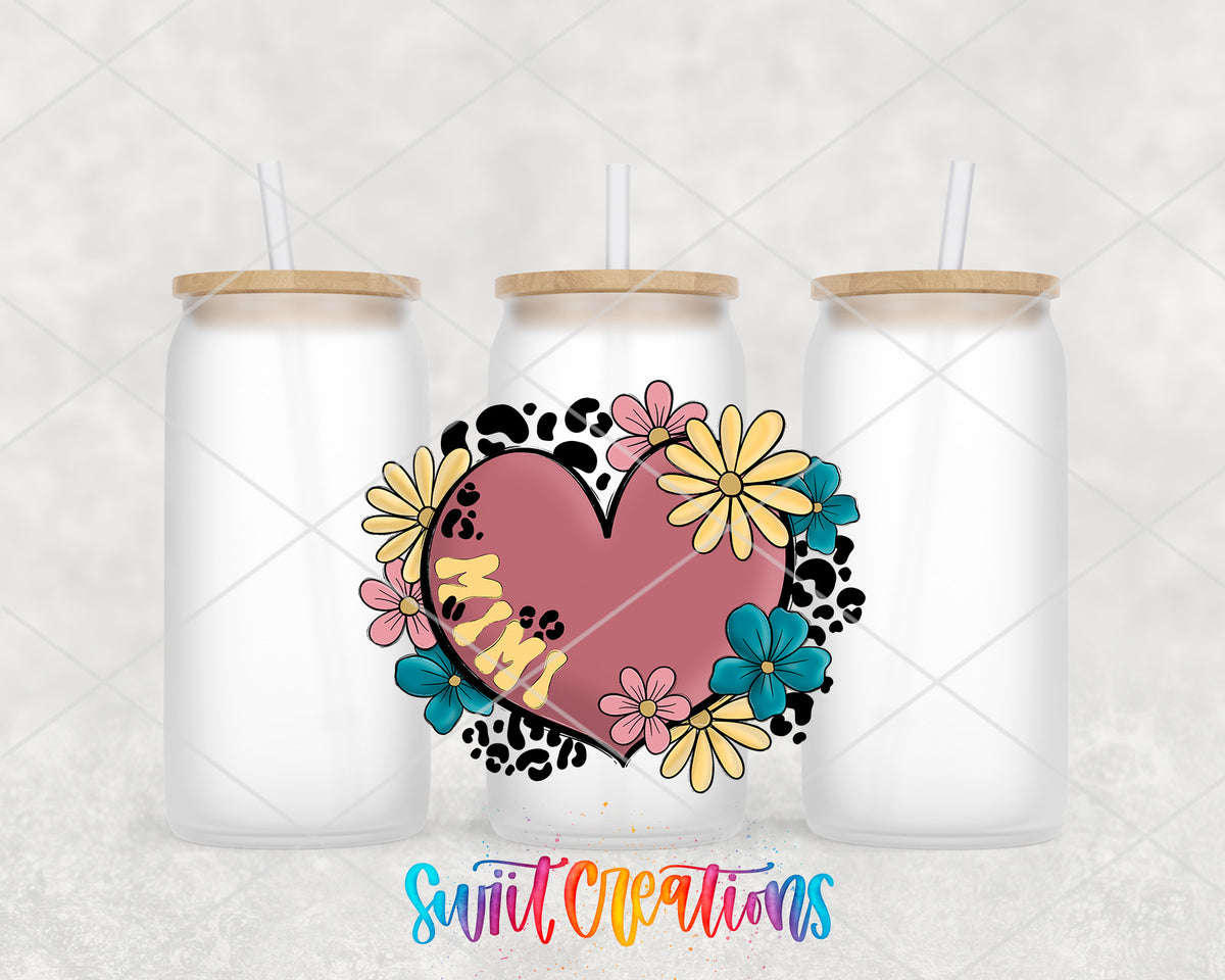 Mimi Floral Heart frosted glass tumbler group view with lids and straws