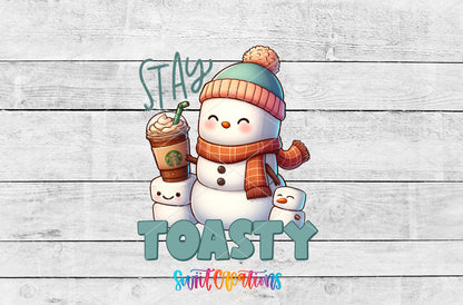 Stay Toasty Snowman artwork detail for the finished 16 oz tumbler