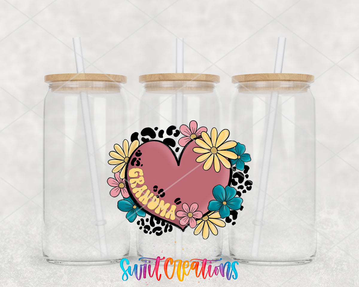 Grandma Floral Heart clear glass tumbler group mockup with bamboo lids and straws
