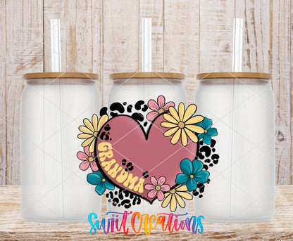 Grandma Floral Heart frosted glass tumbler mockup with bamboo lids and straws