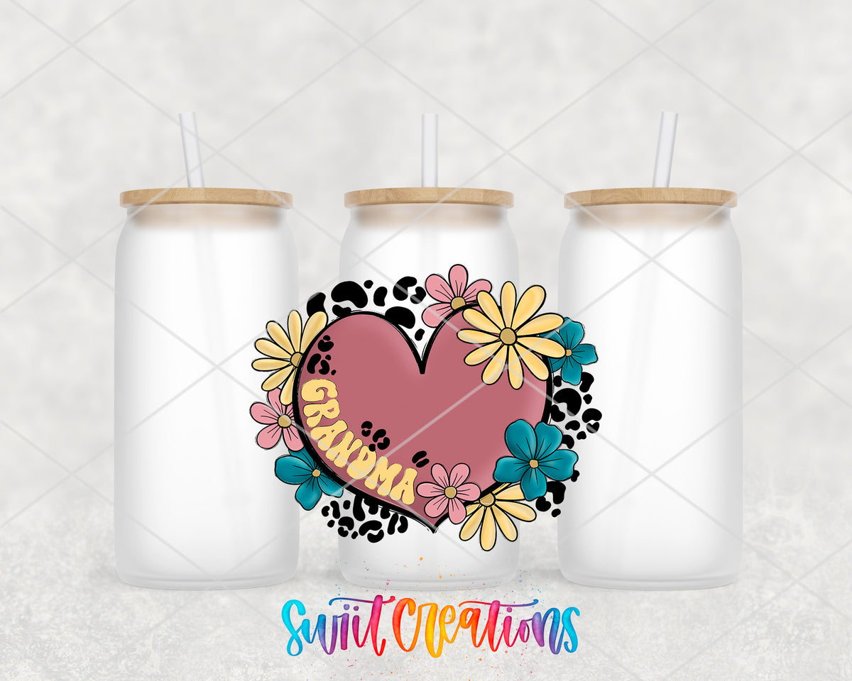 Grandma Floral Heart frosted glass tumbler group view with lids and straws