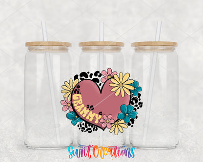 Grammy Floral Heart clear glass tumbler group mockup with bamboo lids and straws