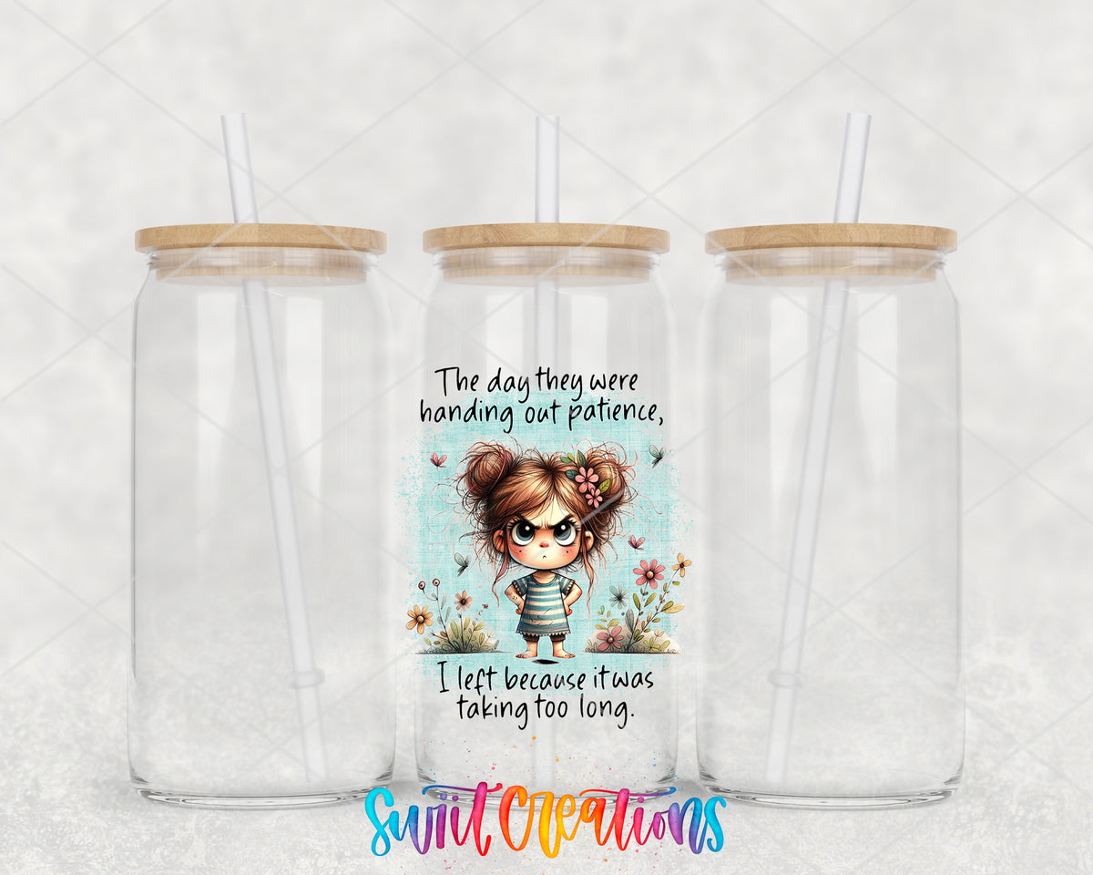 The Day They Handed Out Patience clear glass tumbler group mockup with bamboo lids and straws