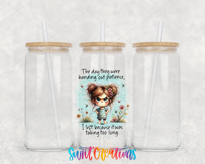 The Day They Handed Out Patience clear glass tumbler group mockup with bamboo lids and straws