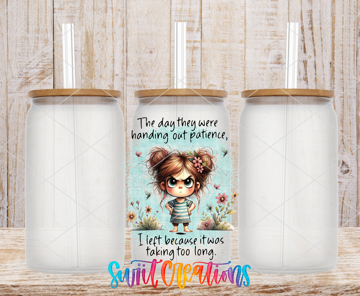 The Day They Handed Out Patience frosted glass tumbler mockup with bamboo lids and straws