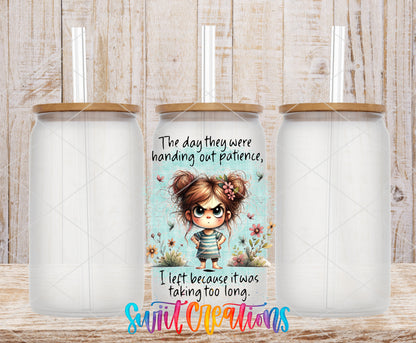 The Day They Handed Out Patience frosted glass tumbler mockup with bamboo lids and straws