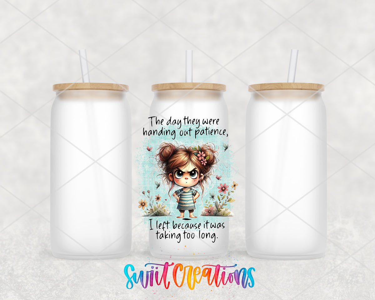 The Day They Handed Out Patience frosted glass tumbler group view with lids and straws