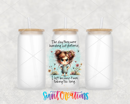 The Day They Handed Out Patience frosted glass tumbler group view with lids and straws