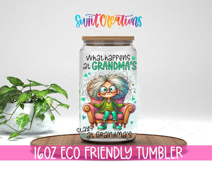 What Happens at Grandma's design on a 16 oz clear glass tumbler with bamboo lid