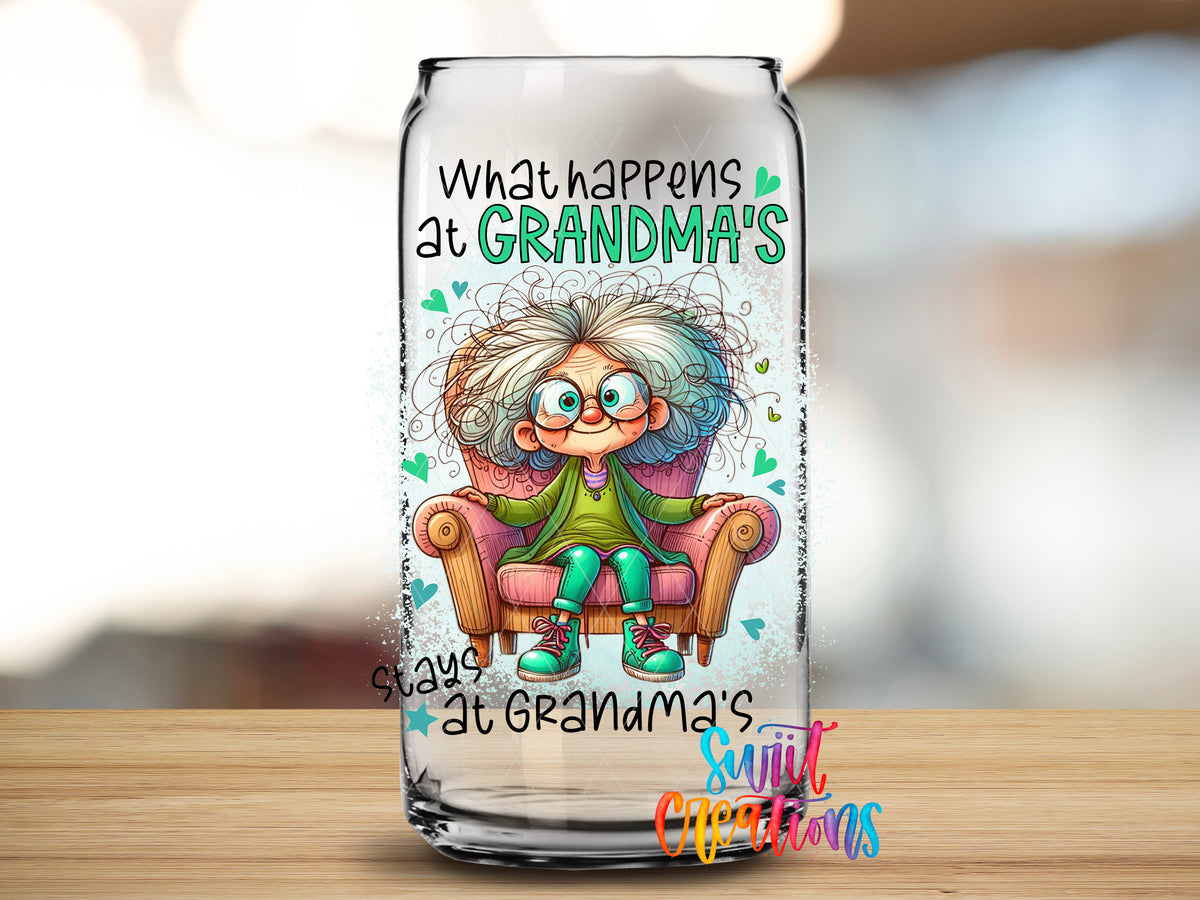 What Happens at Grandma's design close-up on a clear glass can tumbler