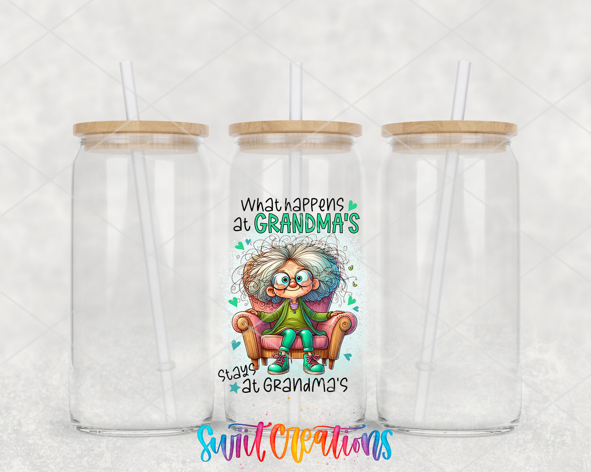 What Happens at Grandma's clear glass tumbler group mockup with bamboo lids and straws