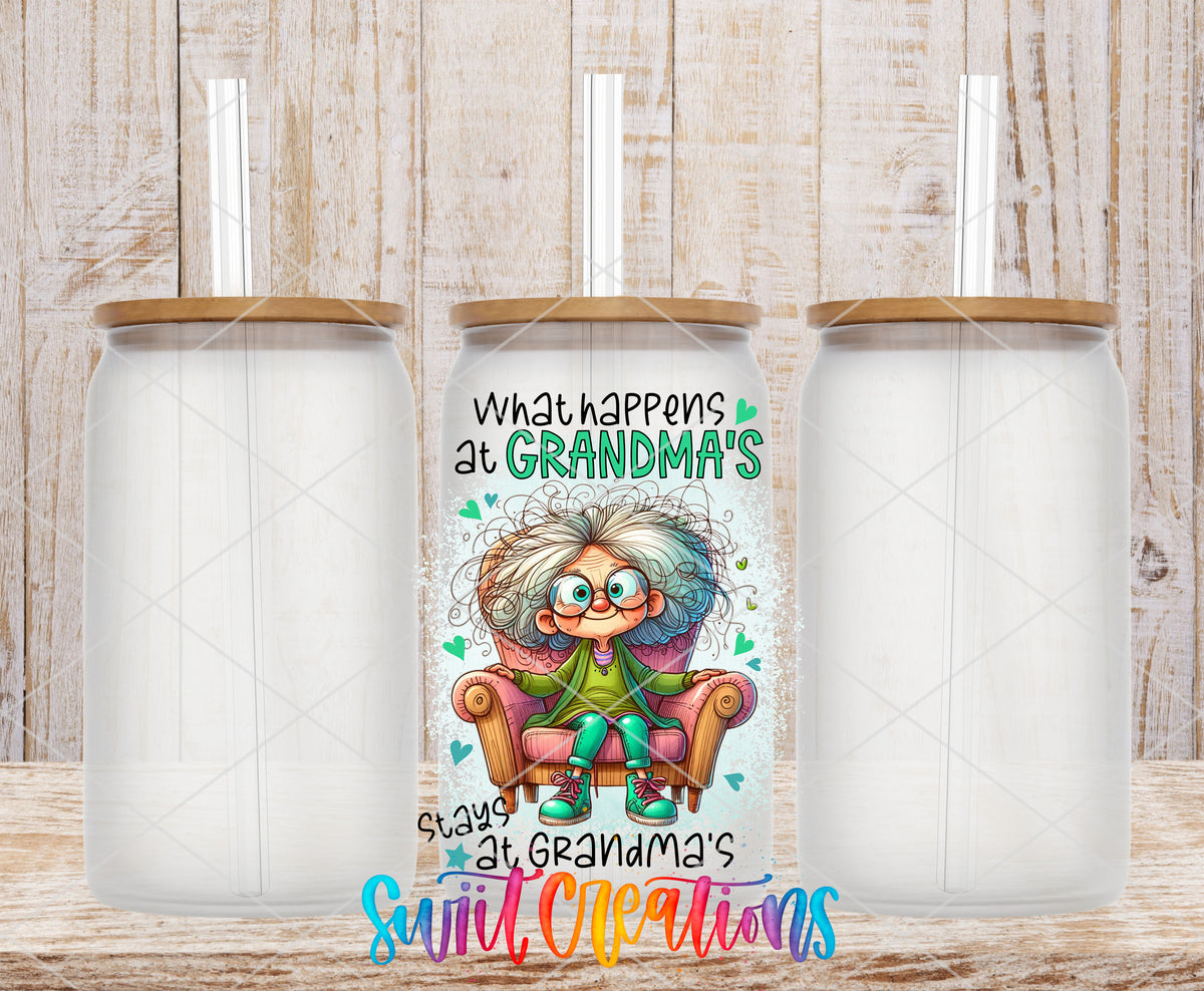 What Happens at Grandma's frosted glass tumbler mockup with bamboo lids and straws