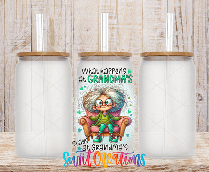 What Happens at Grandma's frosted glass tumbler mockup with bamboo lids and straws