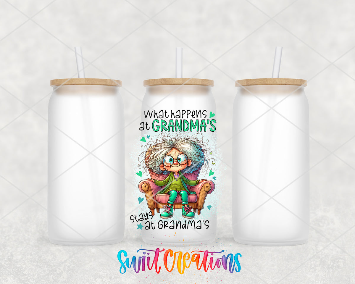 What Happens at Grandma's frosted glass tumbler group view with lids and straws