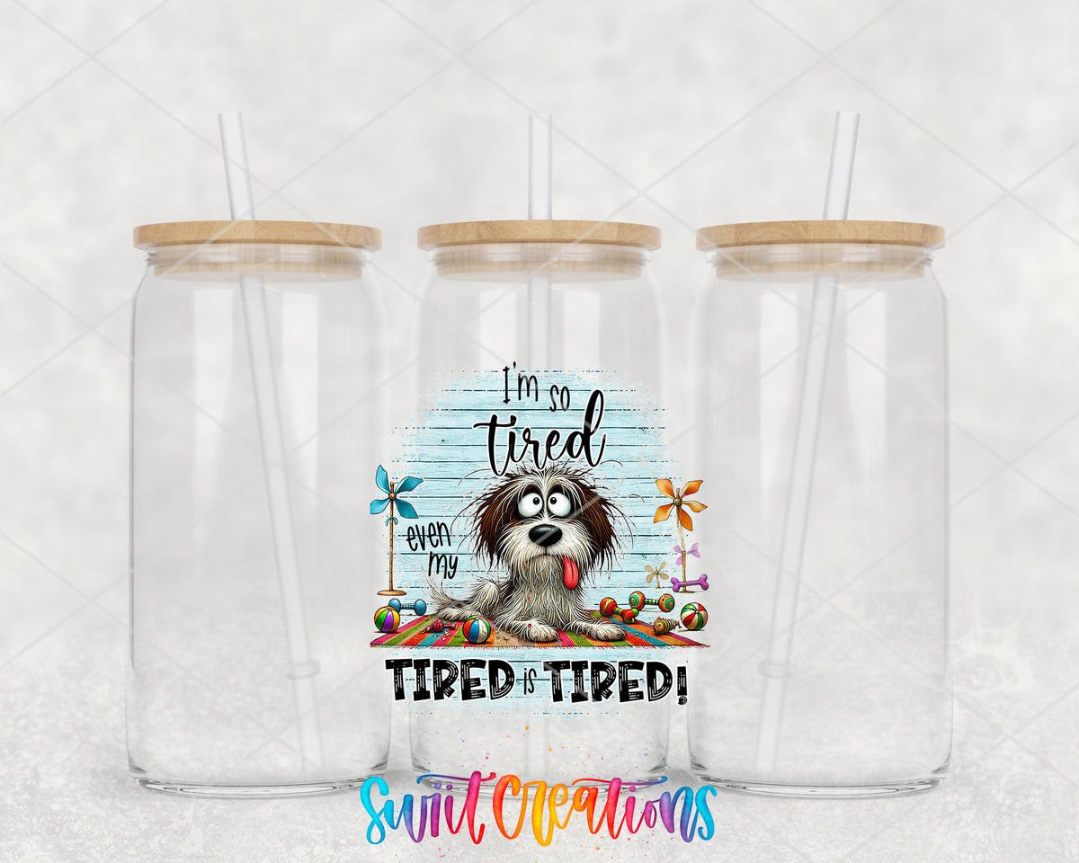 I'm So Tired Even My Tired Is Tired clear glass tumbler group mockup with bamboo lids and straws