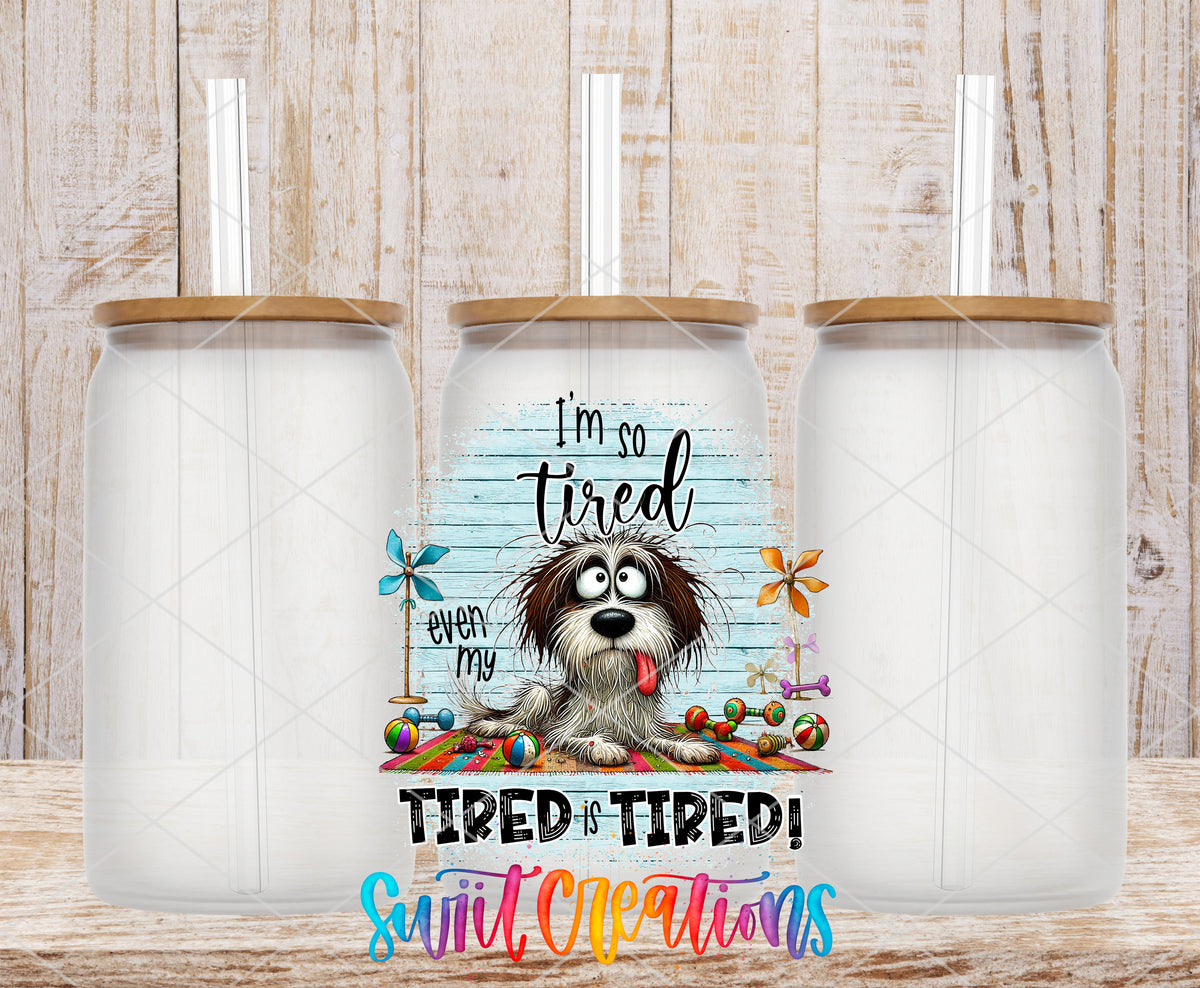 I'm So Tired Even My Tired Is Tired frosted glass tumbler mockup with bamboo lids and straws