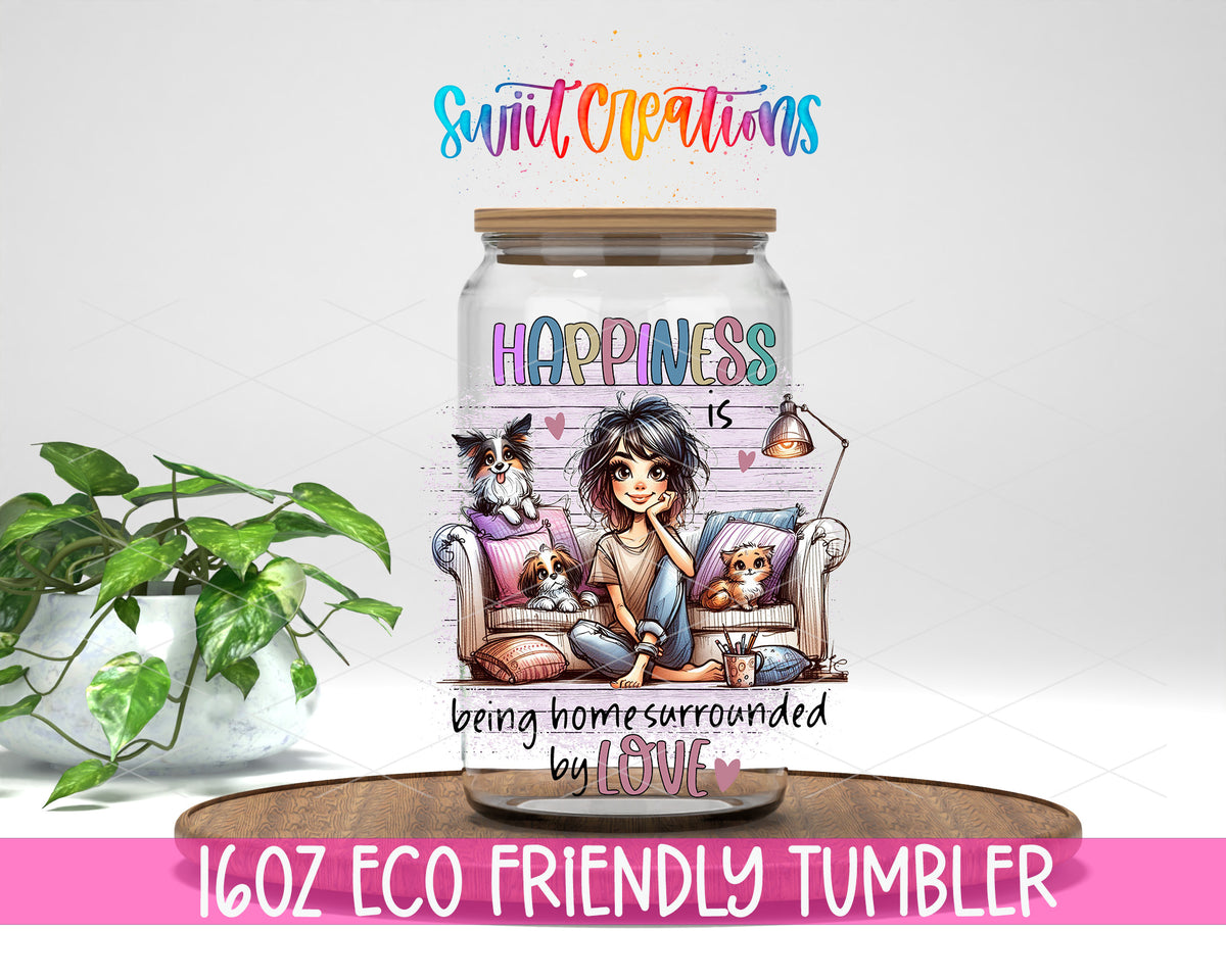 Happiness Is Being Home design on a 16 oz clear glass tumbler with bamboo lid