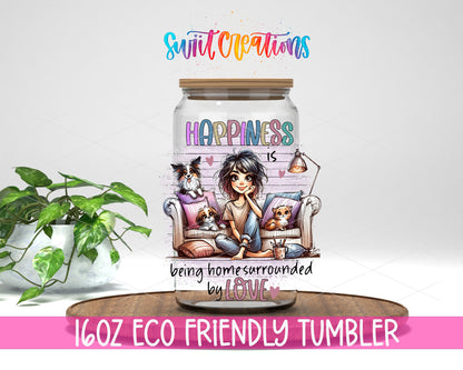 Happiness Is Being Home design on a 16 oz clear glass tumbler with bamboo lid