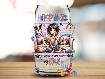 Happiness Is Being Home design close-up on a clear glass can tumbler