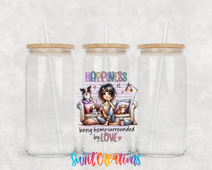 Happiness Is Being Home clear glass tumbler group mockup with bamboo lids and straws