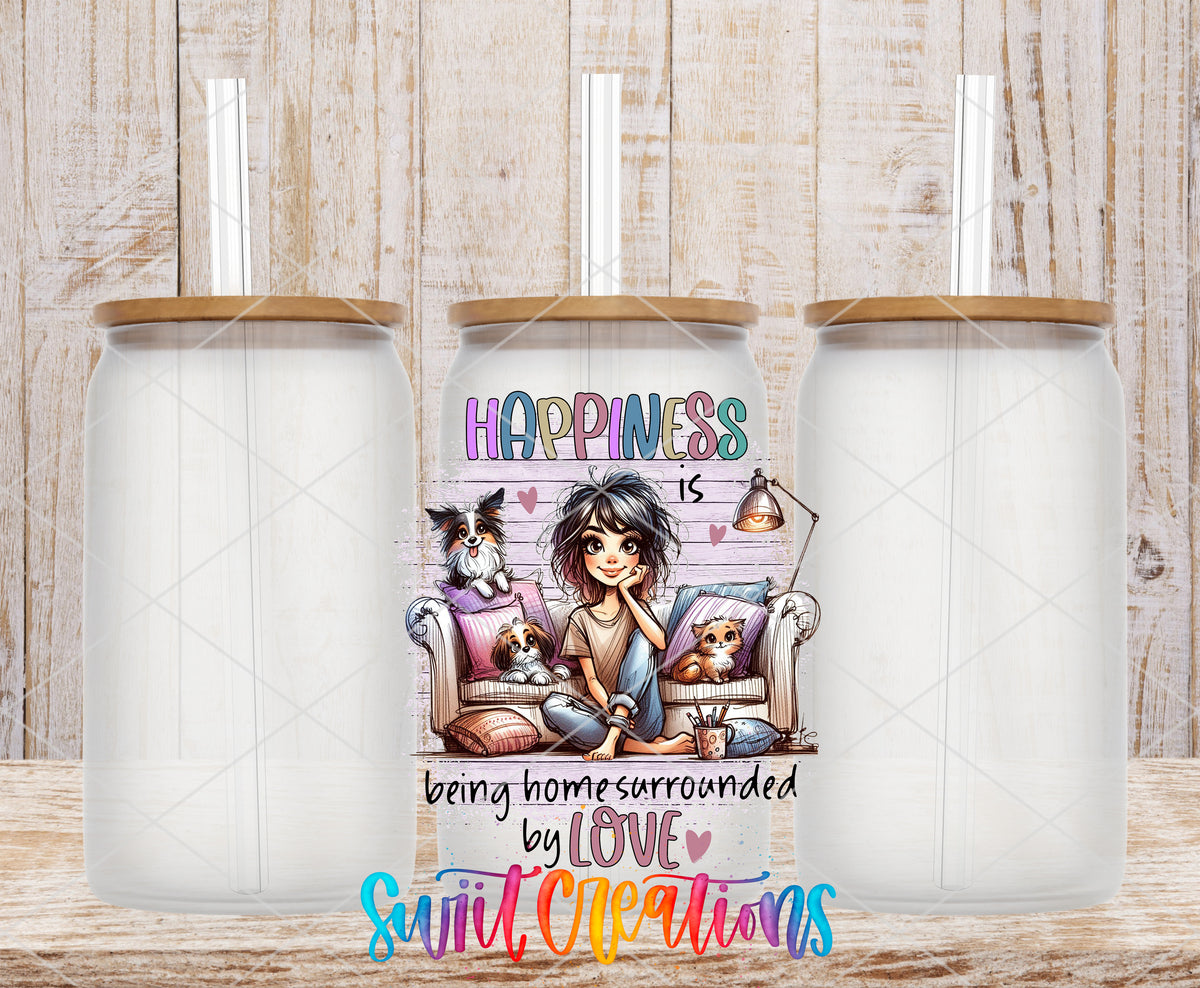 Happiness Is Being Home frosted glass tumbler mockup with bamboo lids and straws