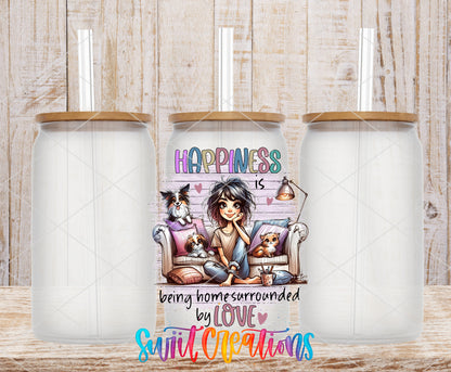 Happiness Is Being Home frosted glass tumbler mockup with bamboo lids and straws