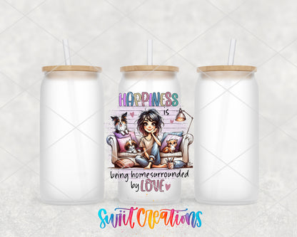 Happiness Is Being Home frosted glass tumbler group view with lids and straws