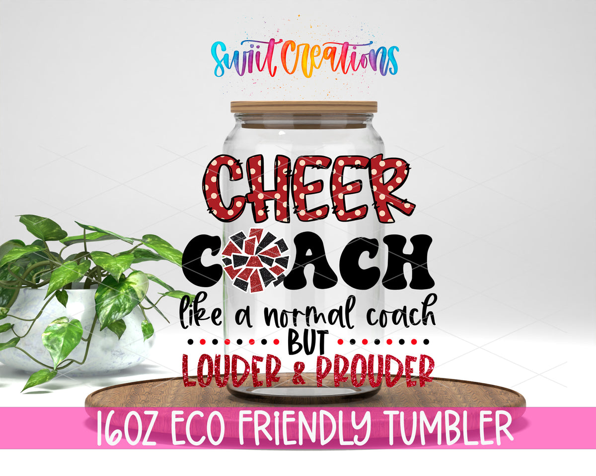 Cheer Coach design on a 16 oz clear glass tumbler with bamboo lid