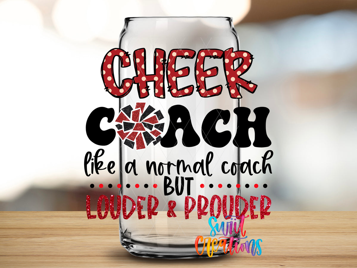 Cheer Coach design close-up on a clear glass can tumbler