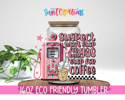 Suspect Stops for Coffee design on a 16 oz clear glass tumbler with bamboo lid