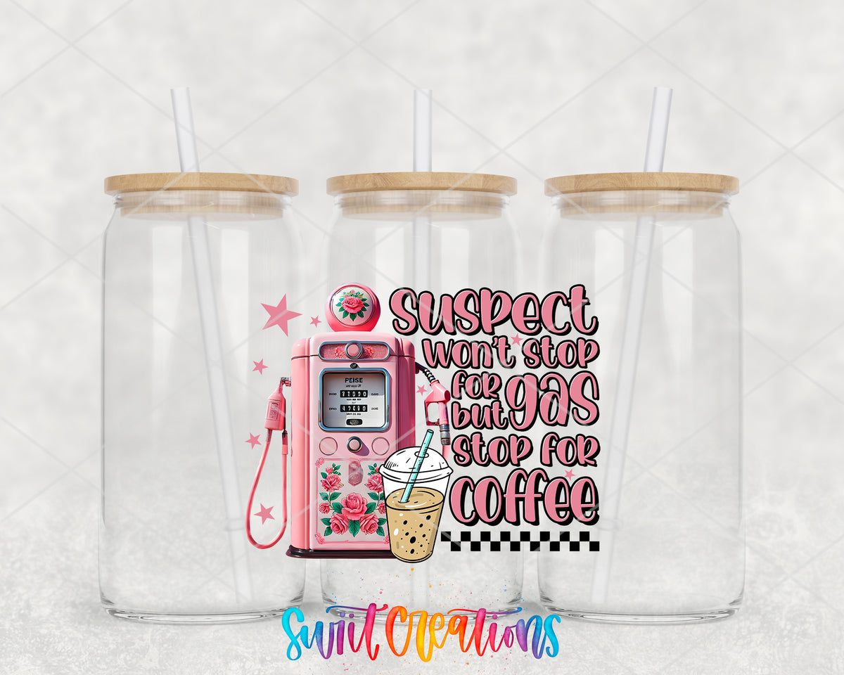 Suspect Stops for Coffee clear glass tumbler group mockup with bamboo lids and straws