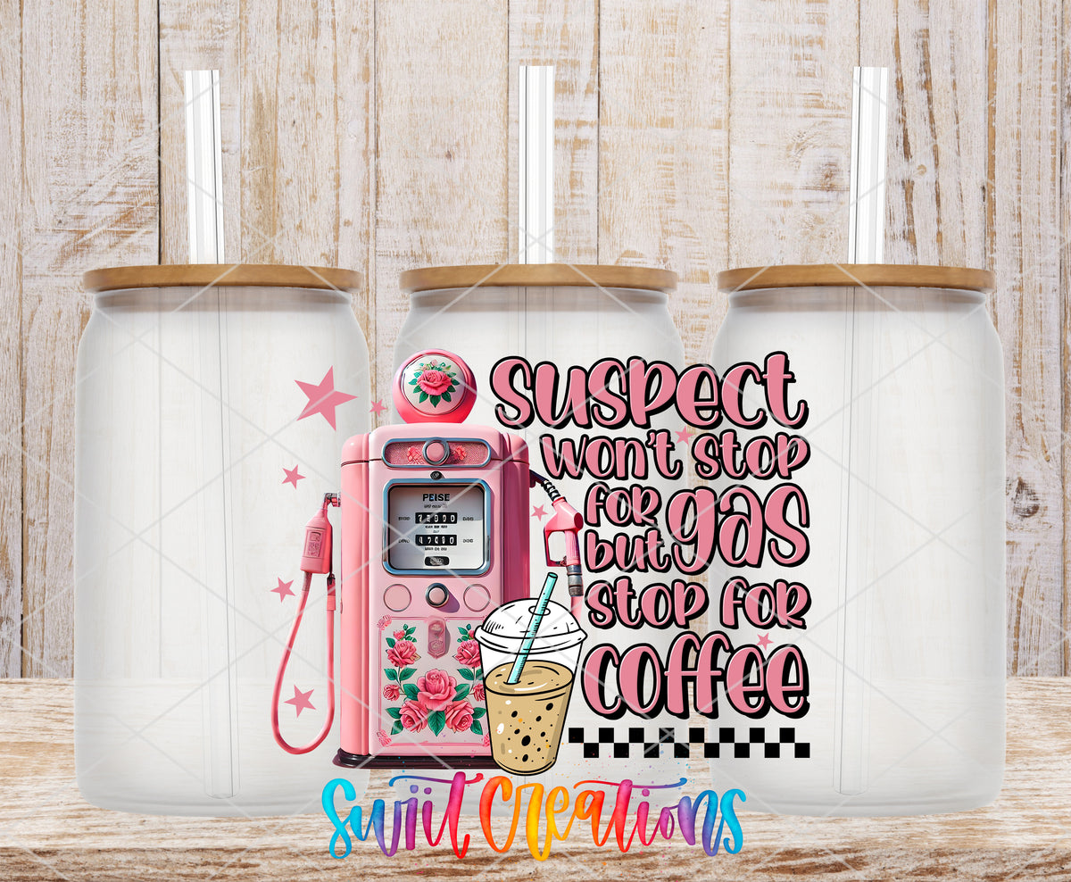 Suspect Stops for Coffee frosted glass tumbler mockup with bamboo lids and straws