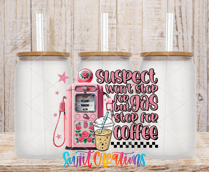 Suspect Stops for Coffee frosted glass tumbler mockup with bamboo lids and straws