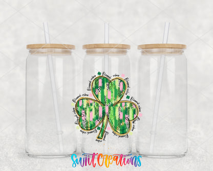 Irish Blessing Clover clear glass tumbler group mockup with bamboo lids and straws