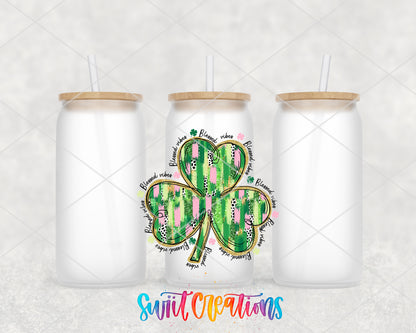 Irish Blessing Clover frosted glass tumbler group view with lids and straws